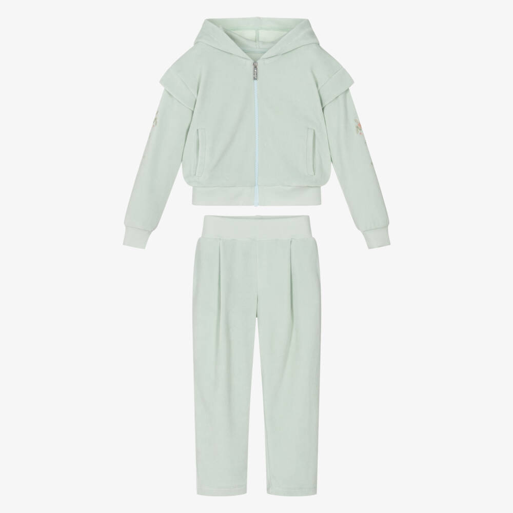 Lapin House-Girls Green Velour Flowers Tracksuit with Diamanté Flowers | Childrensalon Outlet