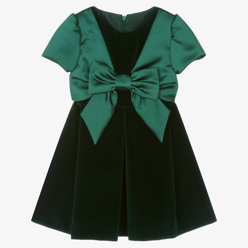 Lapin House - Girls Green Velvet & Satin Bow Dress | Childrensalon