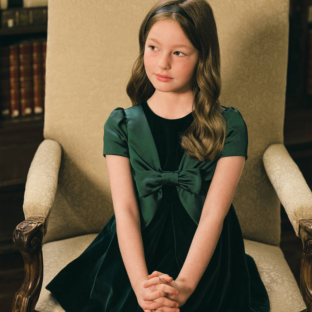 Lapin House-Зеленое платье из бархата и атласа с бантом | Childrensalon Outlet
