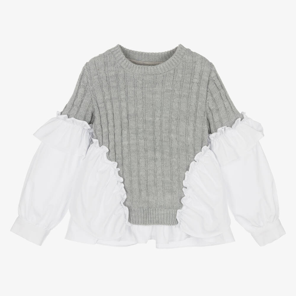 Lapin House - Girls Grey Cable Knit Shirt Sweater | Childrensalon