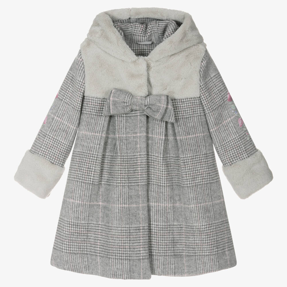 Lapin House - Girls Grey Checked Wool Hooded Coat | Childrensalon