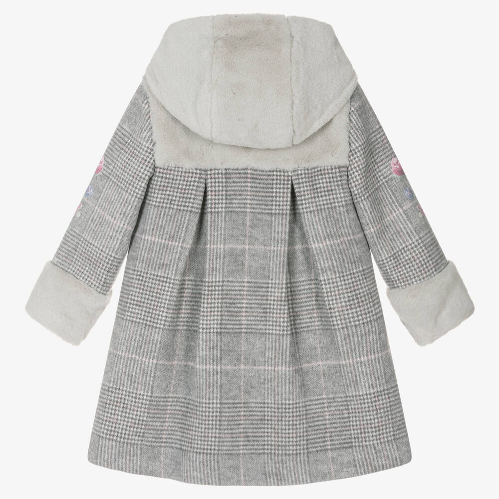 Lapin House Girls Grey Checked Wool Hooded Coat Childrensalon Outlet