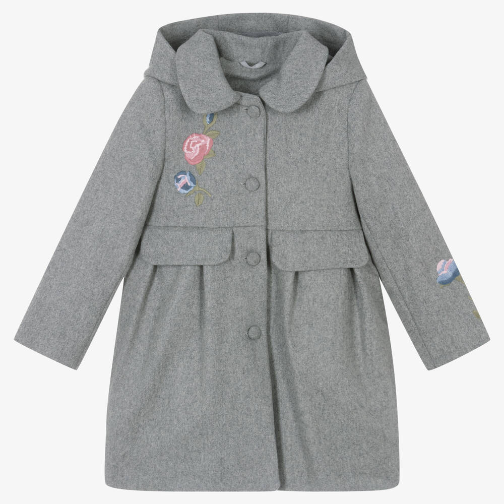 Lapin House - Girls Grey Embroidered Wool Coat | Childrensalon