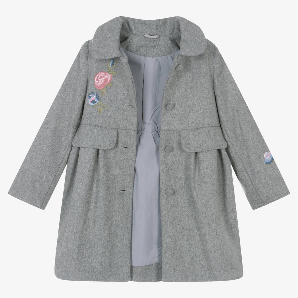 Lapin House-Girls Grey Embroidered Wool Coat | Childrensalon Outlet
