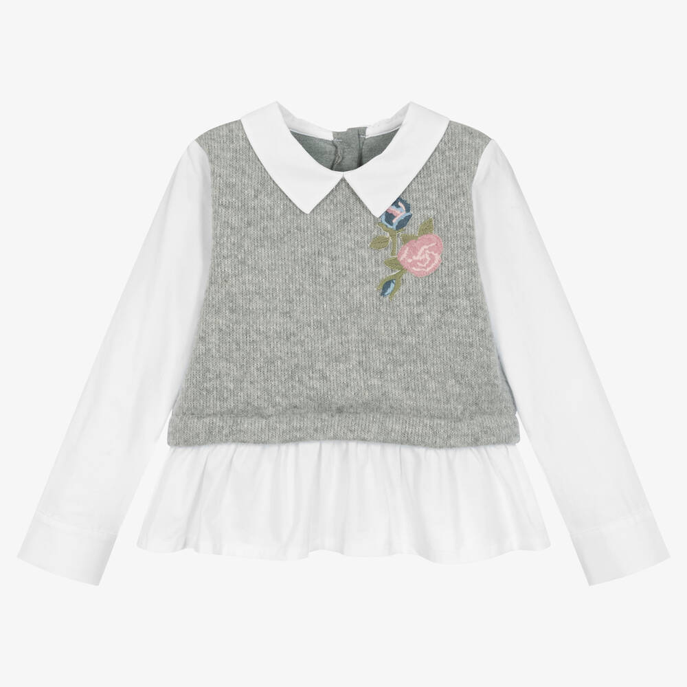 Lapin House - Girls Grey Knit & White Poplin Blouse | Childrensalon