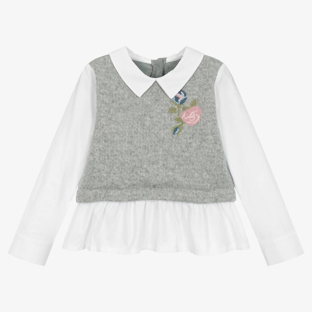 Lapin House - Popeline-Bluse mit Strick Grau/Weiß | Childrensalon