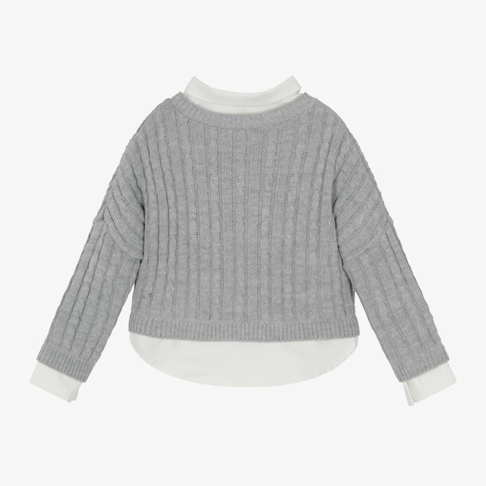 Lapin House-Girls Grey Layered Cable Knit Jumper | Childrensalon Outlet