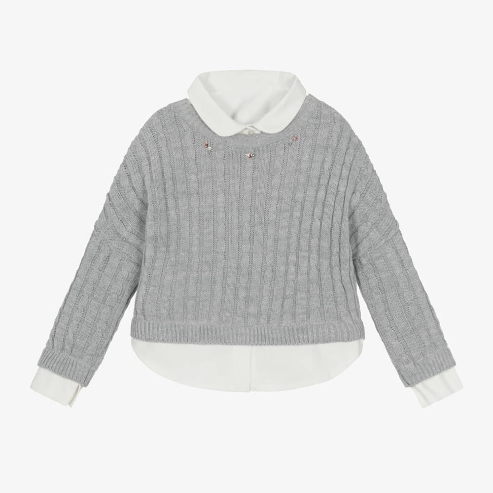 Lapin House-Girls Grey Layered Cable Knit Jumper | Childrensalon Outlet