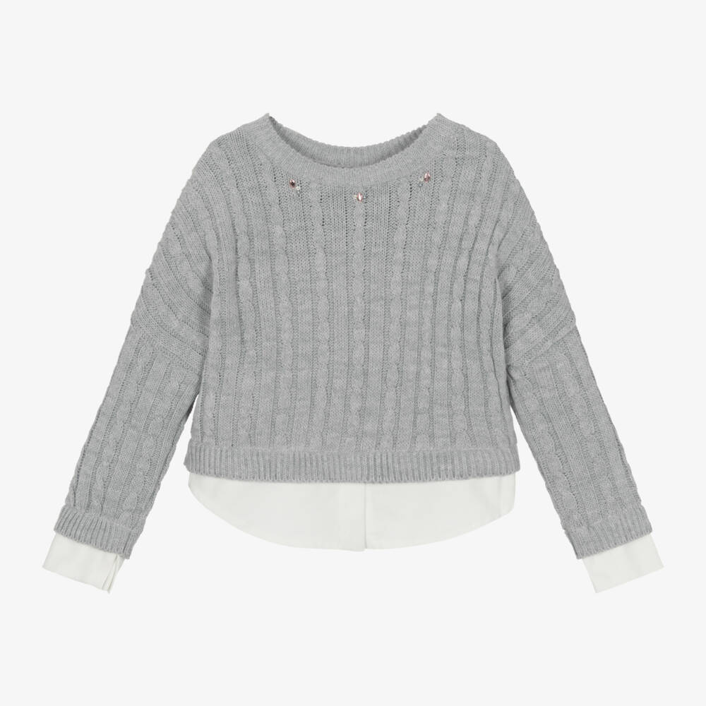Lapin House-Girls Grey Layered Cable Knit Jumper | Childrensalon Outlet