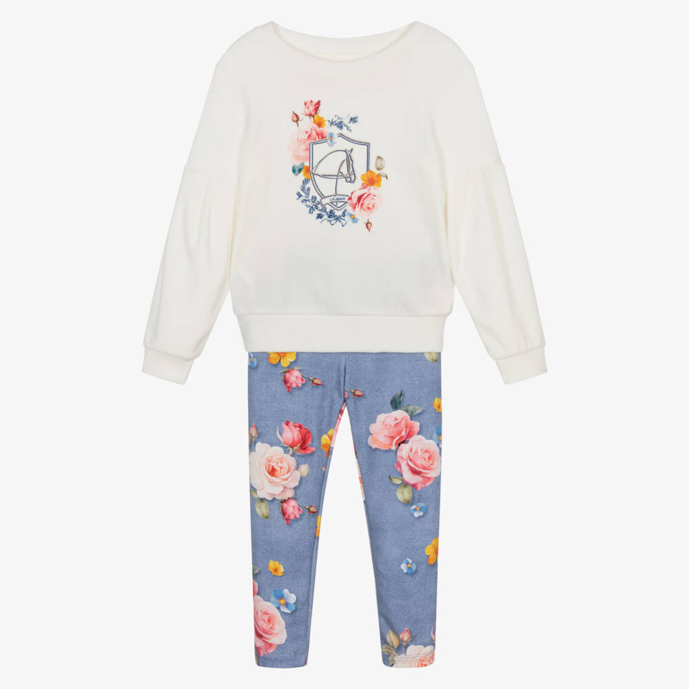Lapin House-Girls Ivory & Blue Cotton Floral Leggings Set | Childrensalon Outlet