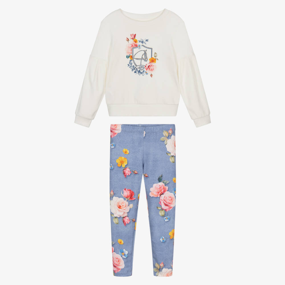 Lapin House-Girls Ivory & Blue Cotton Floral Leggings Set | Childrensalon Outlet