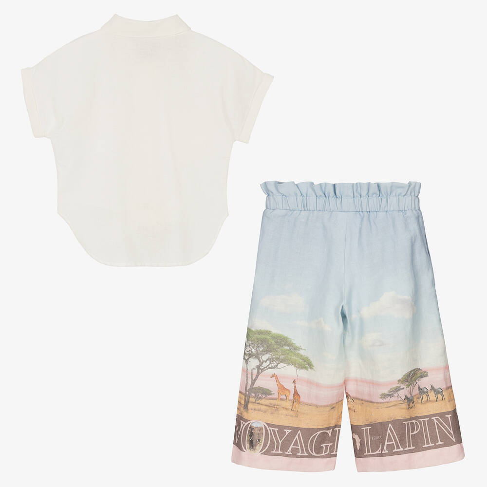 Lapin House-طقم بنطلون قطن وكتان لون عاجي وأزرق للبنات | Childrensalon Outlet