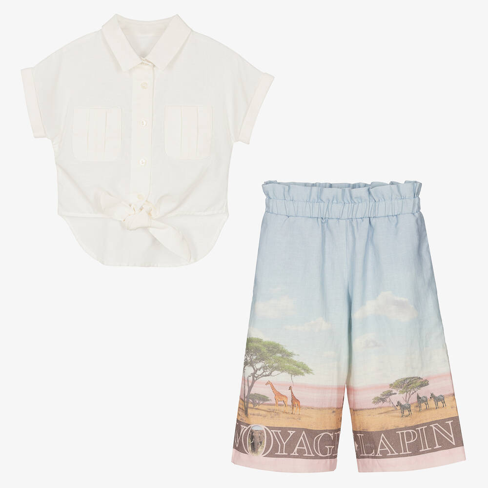 Lapin House-طقم بنطلون قطن وكتان لون عاجي وأزرق للبنات | Childrensalon Outlet