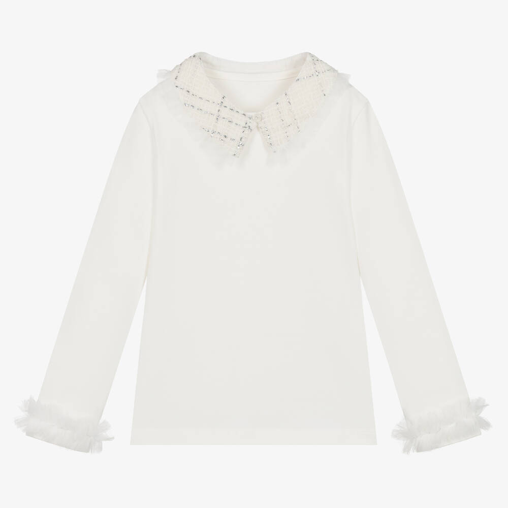 Lapin House - Girls Ivory Cotton Jersey Collared Top  | Childrensalon