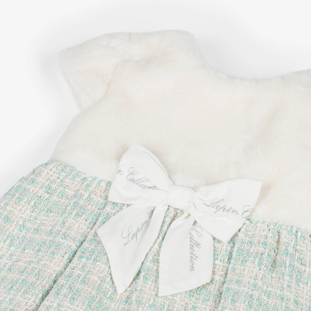 Lapin House-Girls Ivory Faux Fur & Mint Green Tweed Dress | Childrensalon Outlet