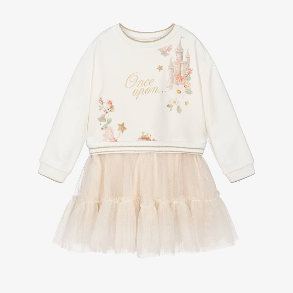 Lapin House-Girls Ivory Jersey & Glittery Gold Tulle Dress | Childrensalon Outlet
