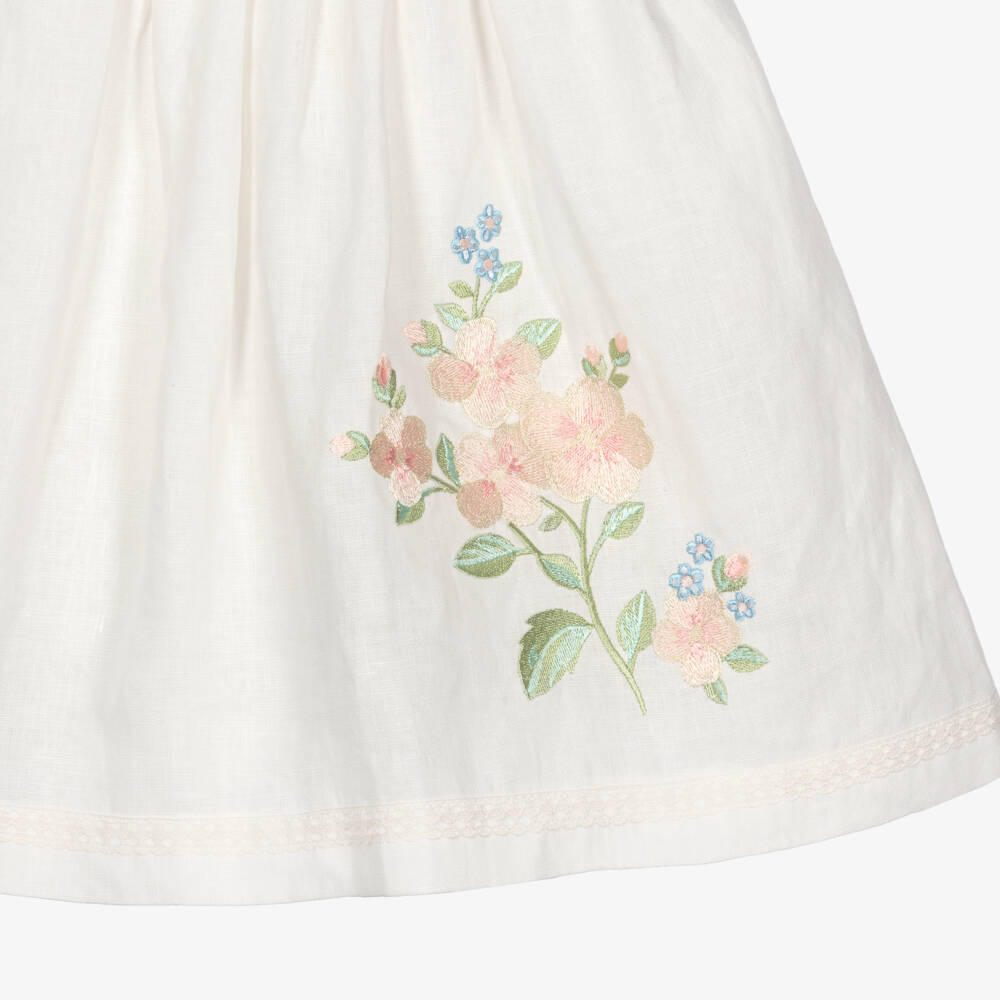 Lapin House-Girls Ivory Linen Dress with Lace & Floral Embroidery | Childrensalon Outlet