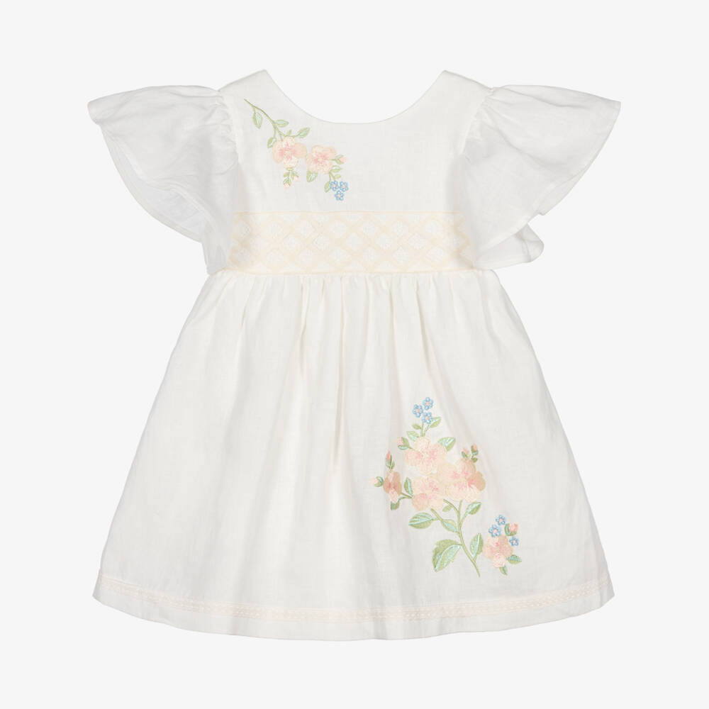 Lapin House-Girls Ivory Linen Dress with Lace & Floral Embroidery | Childrensalon Outlet