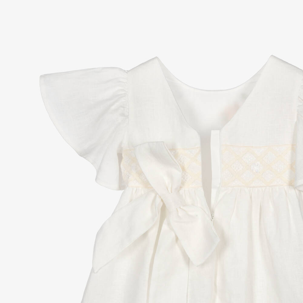 Lapin House-Girls Ivory Linen Dress with Lace & Floral Embroidery | Childrensalon Outlet