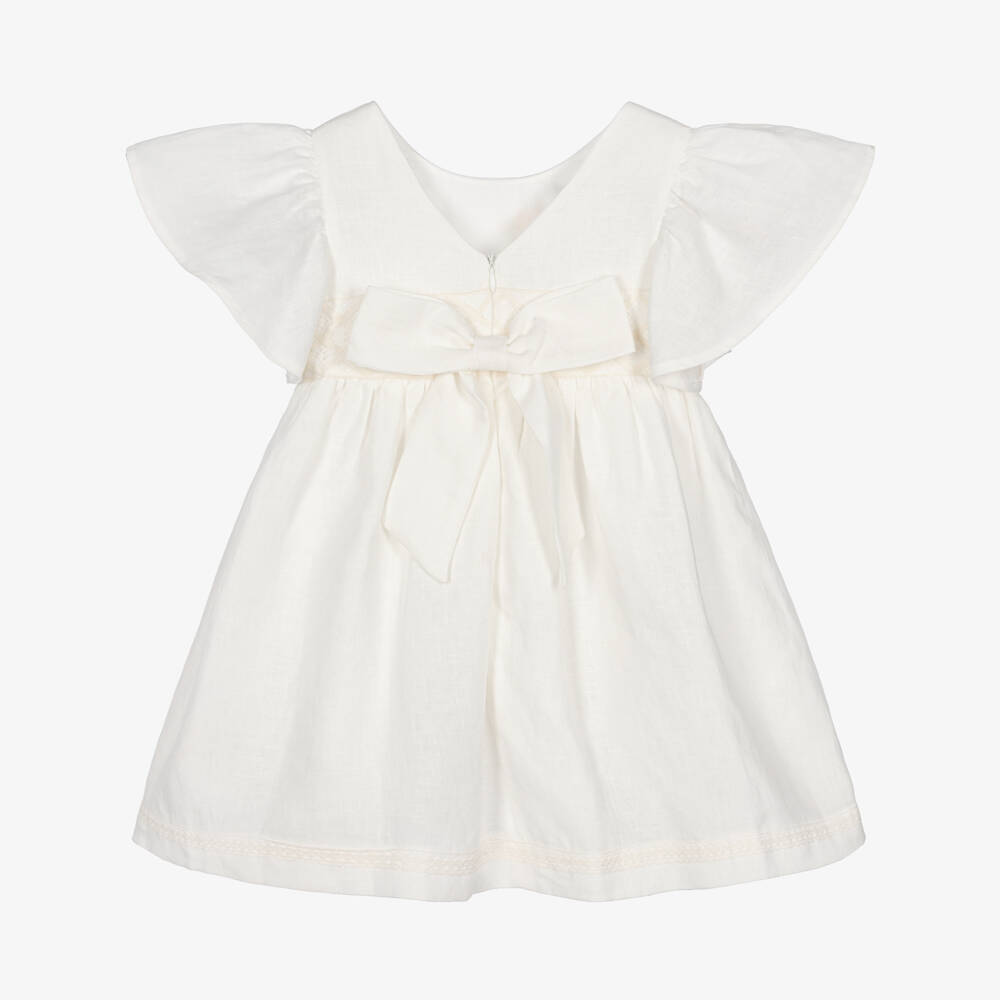 Lapin House-Girls Ivory Linen Dress with Lace & Floral Embroidery | Childrensalon Outlet