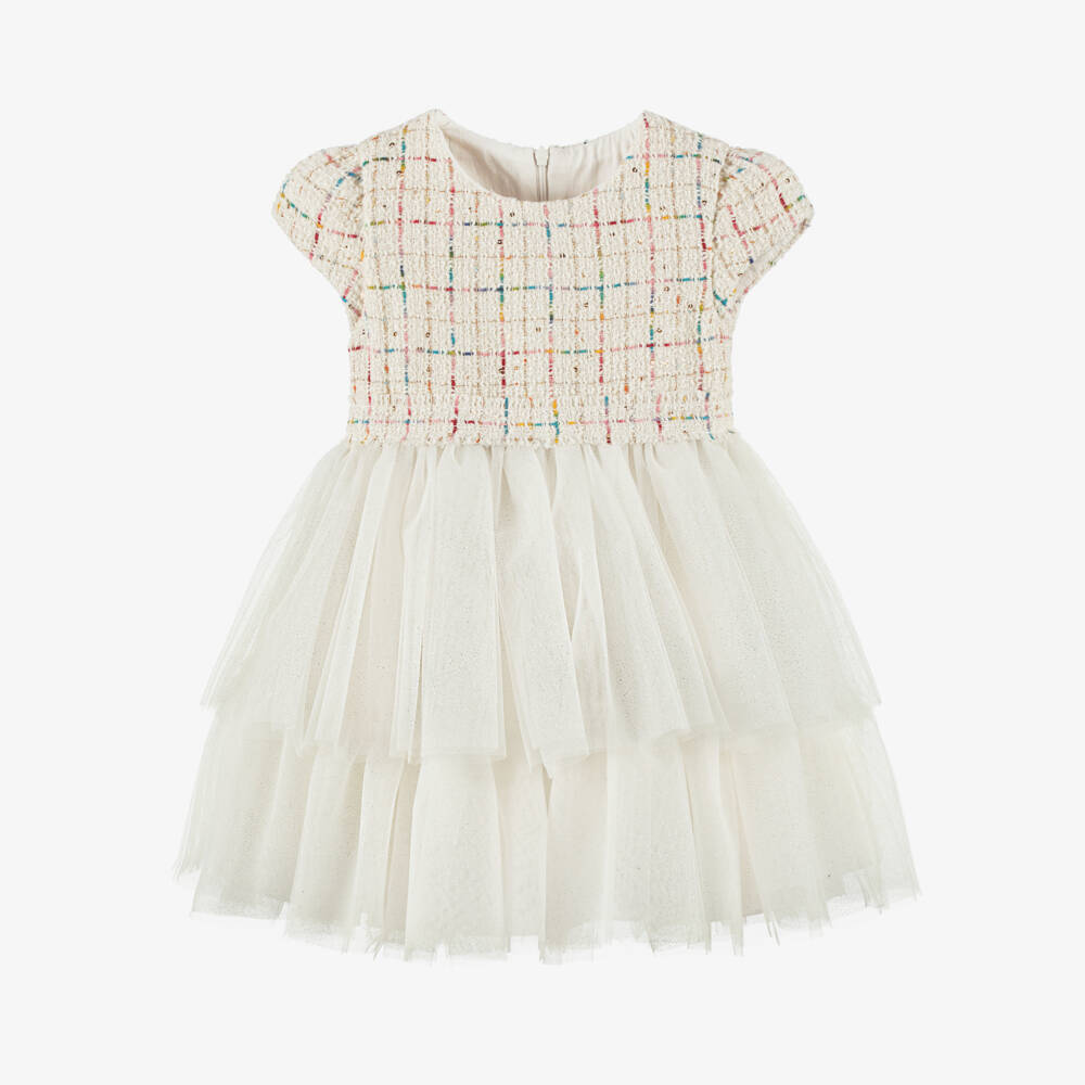 Lapin House-Girls Ivory Sequinned Tweed & Glittery Tiered Tulle Dress | Childrensalon Outlet