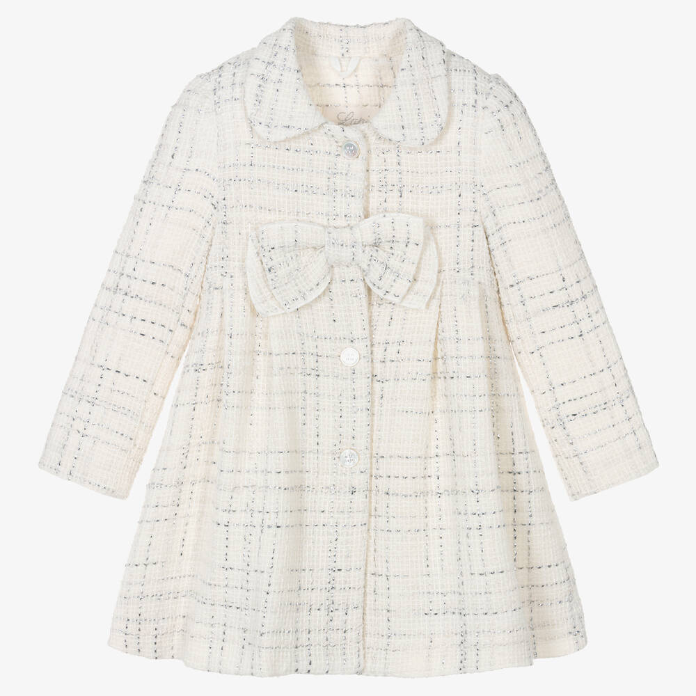 Lapin House-Girls Ivory & Silver Tweed Bow Coat | Childrensalon Outlet