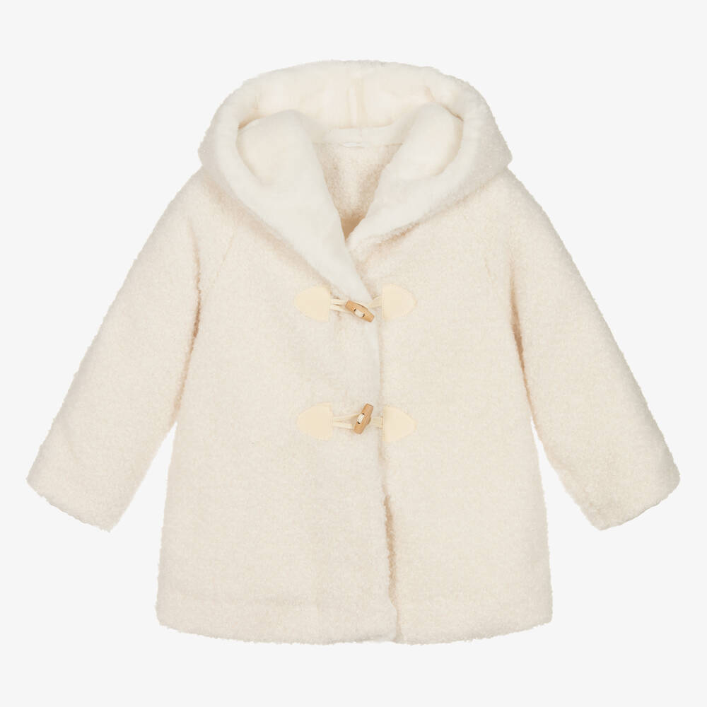 Lapin House - Girls Ivory Teddy Fleece Hooded Duffle Coat | Childrensalon