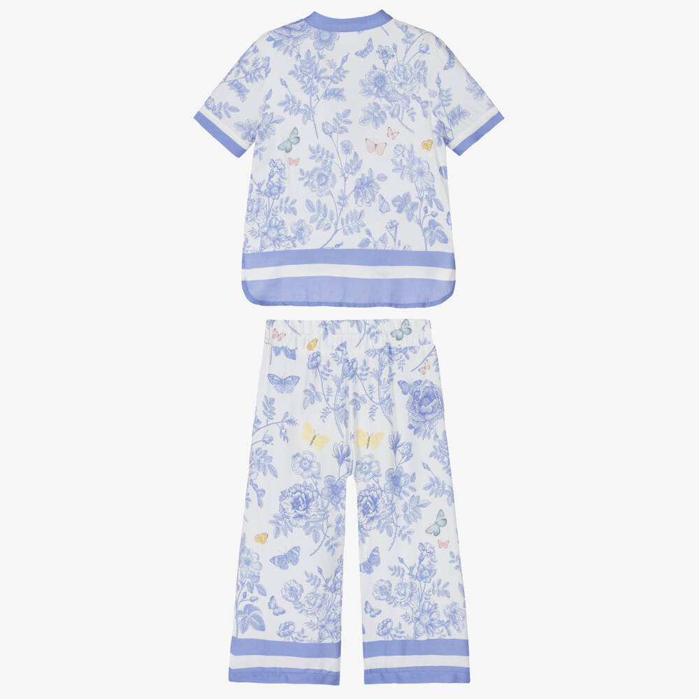 Lapin House-Girls Ivory Trouser Set with Blue Floral Pattern | Childrensalon Outlet