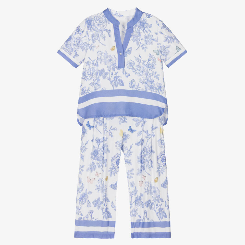 Lapin House-Girls Ivory Trouser Set with Blue Floral Pattern | Childrensalon Outlet