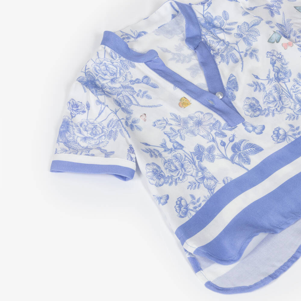 Lapin House-Girls Ivory Trouser Set with Blue Floral Pattern | Childrensalon Outlet