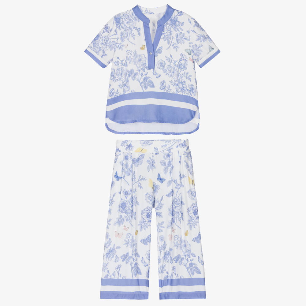 Lapin House-Girls Ivory Trouser Set with Blue Floral Pattern | Childrensalon Outlet