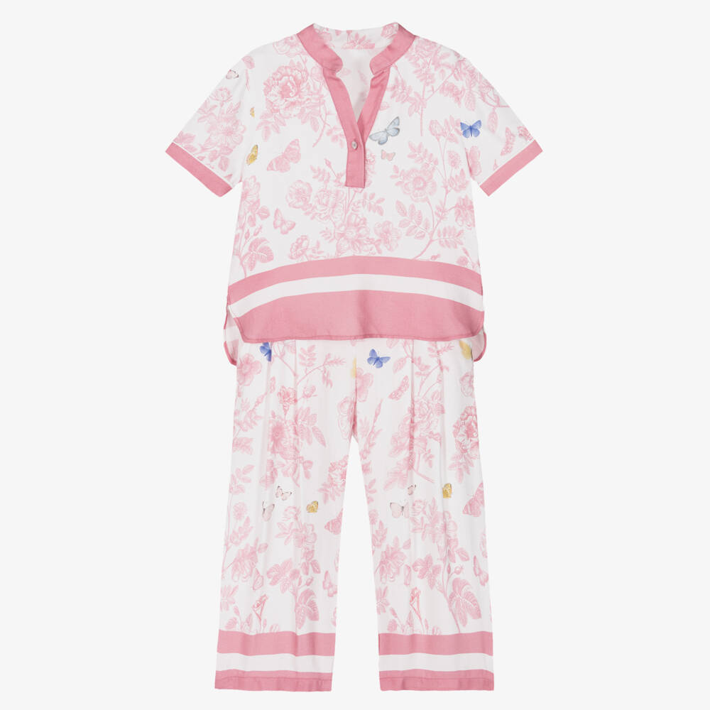 Lapin House-Girls Ivory Trouser Set with Pink Floral Pattern | Childrensalon Outlet