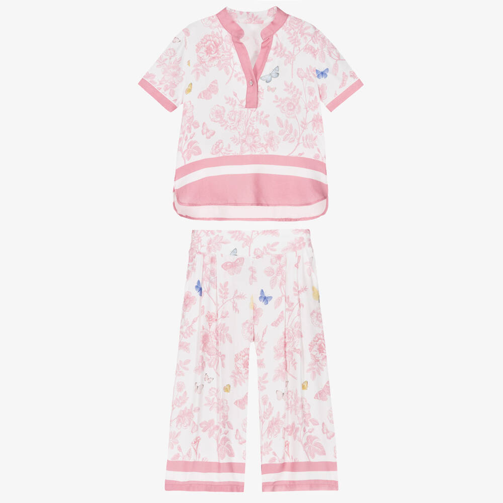 Lapin House-Girls Ivory Trouser Set with Pink Floral Pattern | Childrensalon Outlet