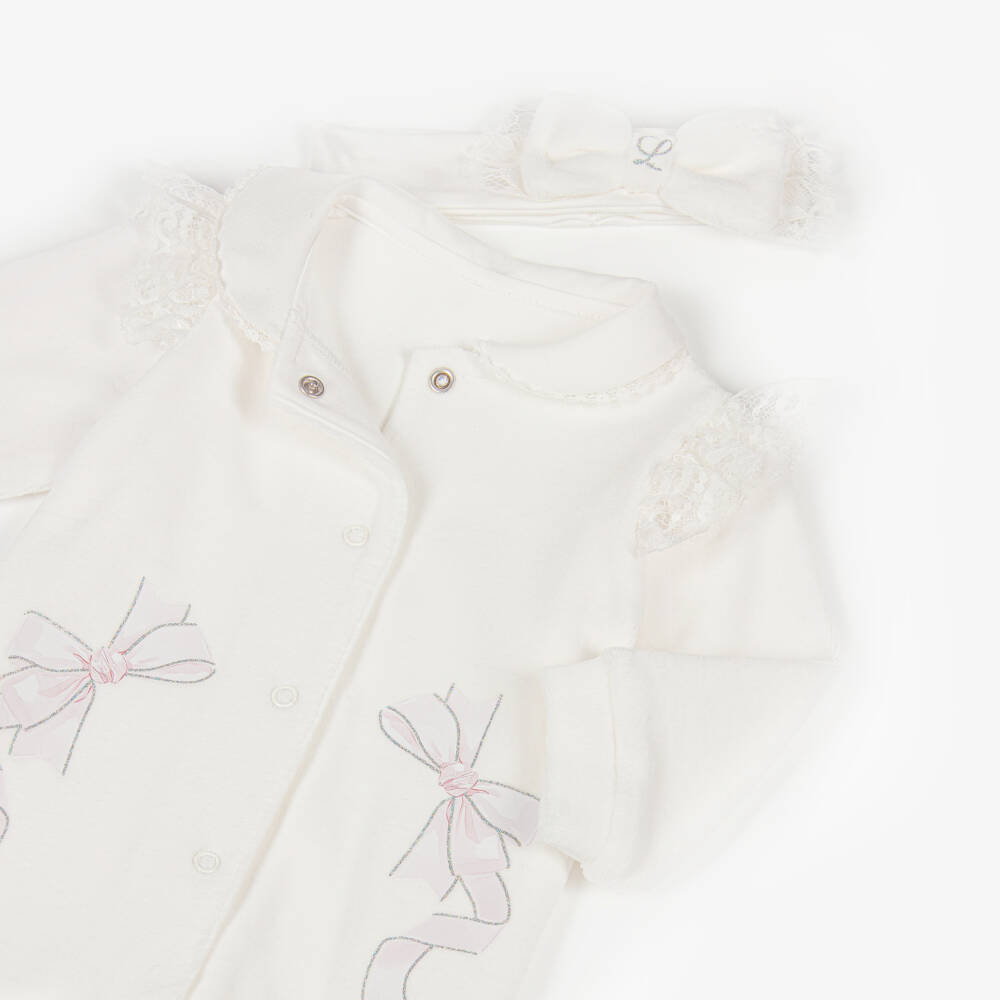 Lapin House-Girls Ivory Velour Babygrow & Headband Set with Glitter Bows | Childrensalon Outlet