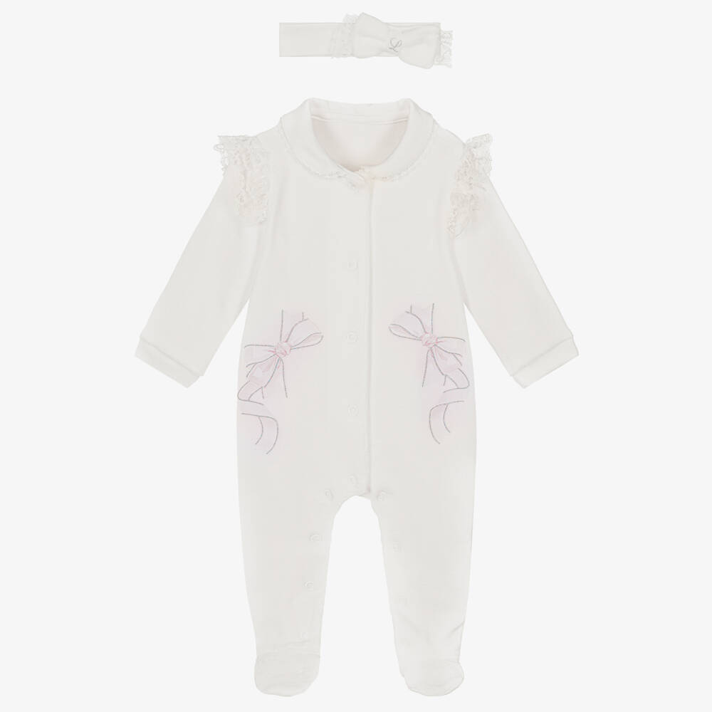 Lapin House-Girls Ivory Velour Babygrow & Headband Set with Glitter Bows | Childrensalon Outlet