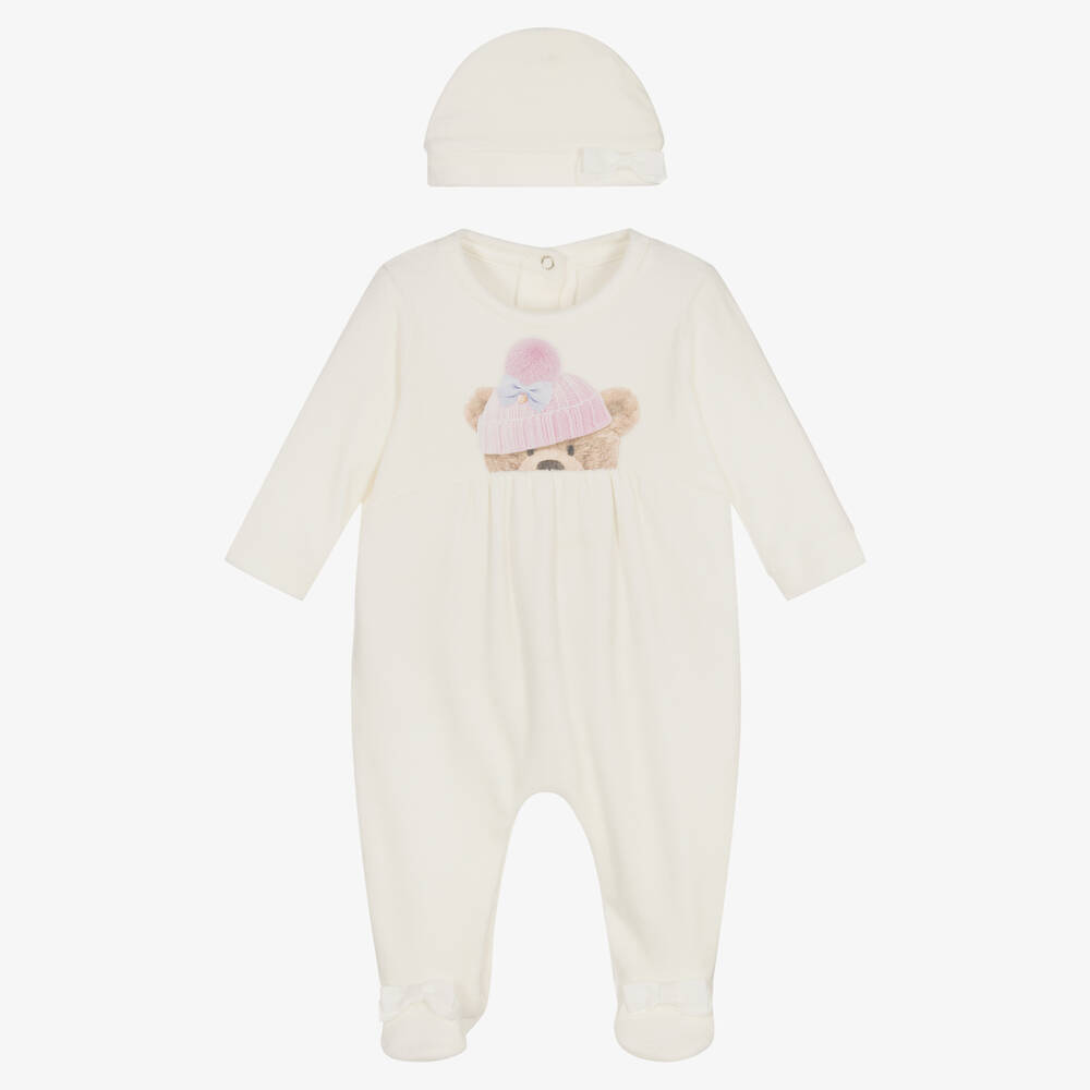 Lapin House - Girls Ivory Velour Teddy Babygrow Set | Childrensalon