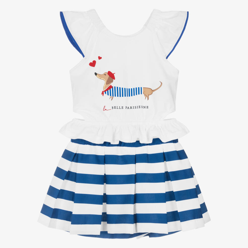 Lapin House-طقم بناتي بحري مخطط من القطن مع كلب | Childrensalon Outlet