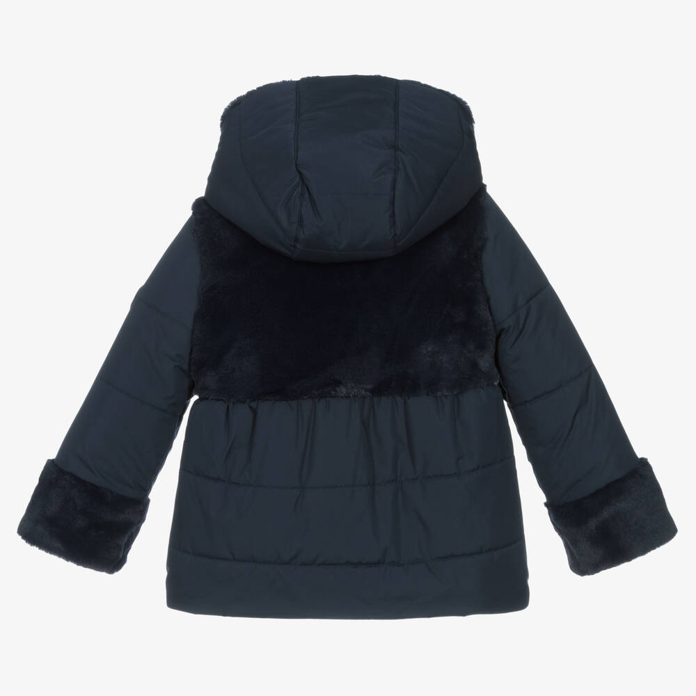 Lapin House-Girls Navy Blue Faux Fur Hooded Coat | Childrensalon Outlet