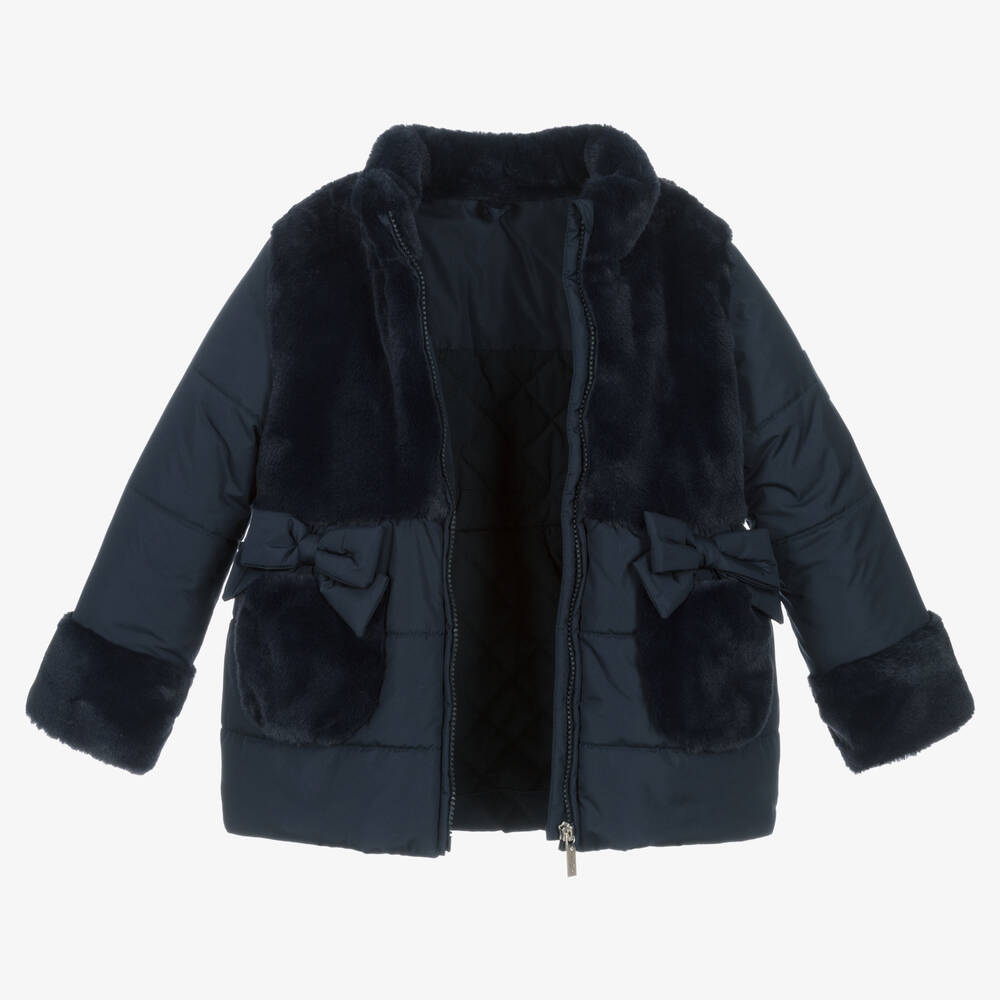 Lapin House-Girls Navy Blue Faux Fur Hooded Coat | Childrensalon Outlet