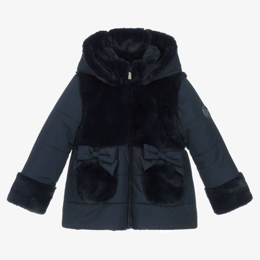 Lapin House - Girls Navy Blue Faux Fur Hooded Coat | Childrensalon