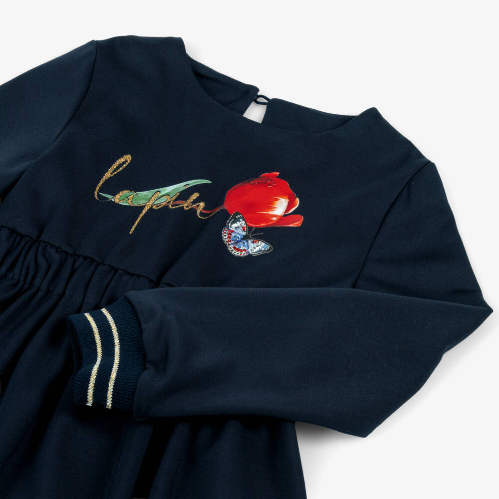 Lapin House-Girls Navy Blue Jersey Dress with Glitter Logo | Childrensalon Outlet