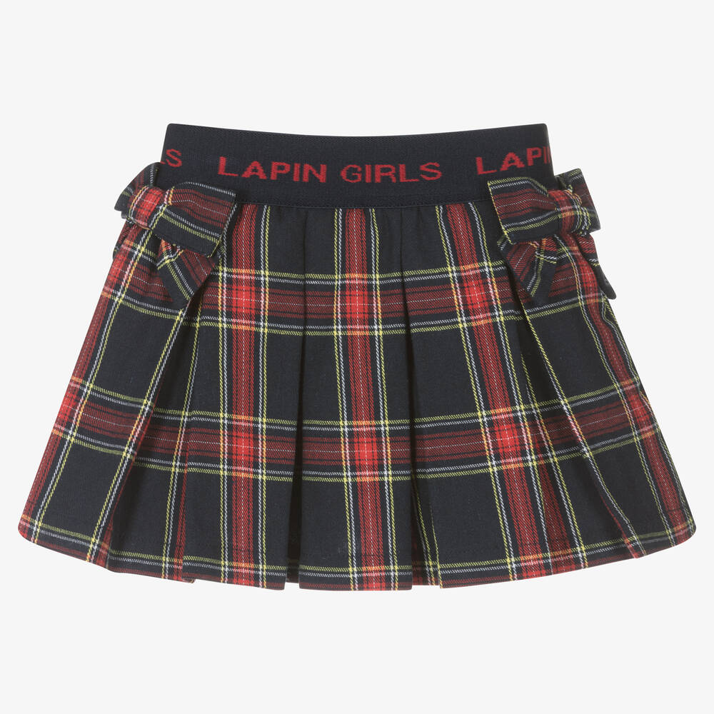 Lapin House - Girls Navy Blue & Red Tartan Bows Skirt | Childrensalon