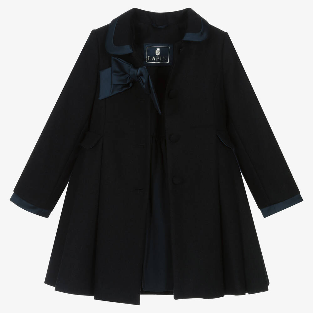 Lapin House-Girls Navy Blue Wool & Satin Bow Coat | Childrensalon Outlet