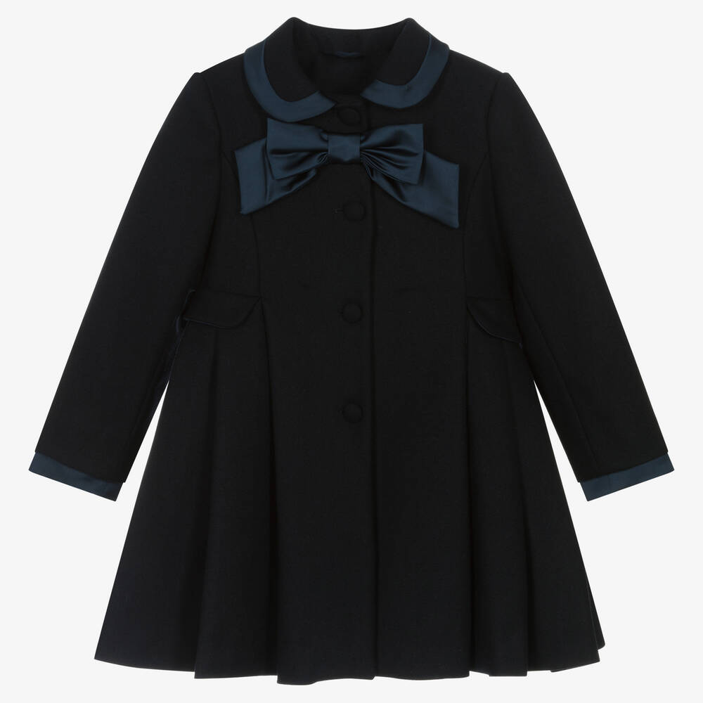 Lapin House - Girls Navy Blue Wool & Satin Bow Coat | Childrensalon