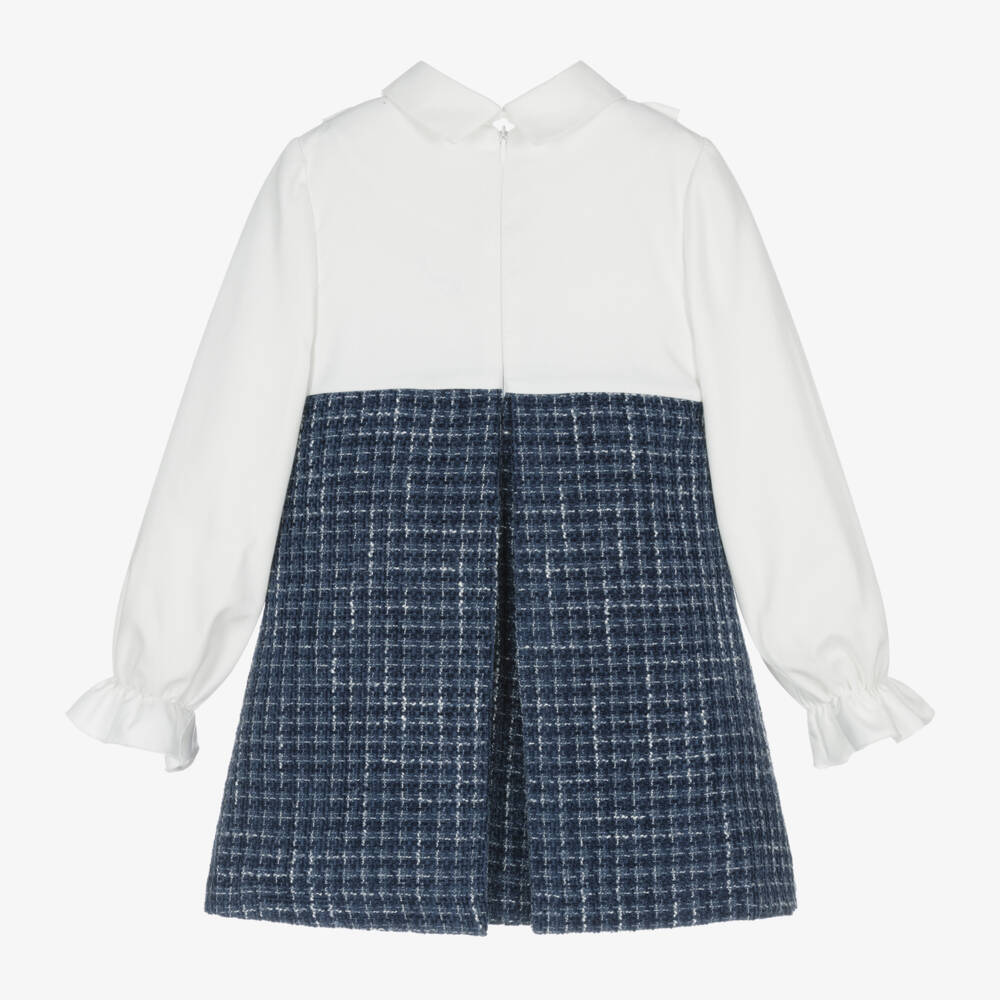 Lapin House-فستان قطن تويد لون أزرق وأبيض | Childrensalon Outlet