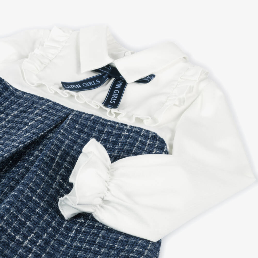 Lapin House-فستان قطن تويد لون أزرق وأبيض | Childrensalon Outlet