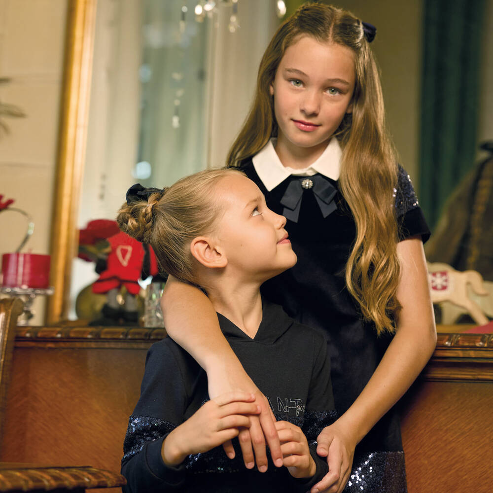 Lapin House-Girls Navy Velvet Sequin Dress | Childrensalon Outlet