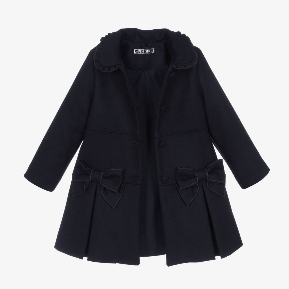 Lapin House-Синее шерстяное пальто с бантиками для девочек | Childrensalon Outlet
