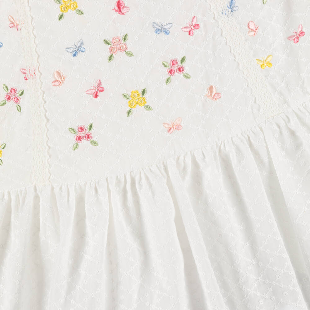 Lapin House-Girls Off-White Dress with Embroidered Flowers & Butterflies | Childrensalon Outlet