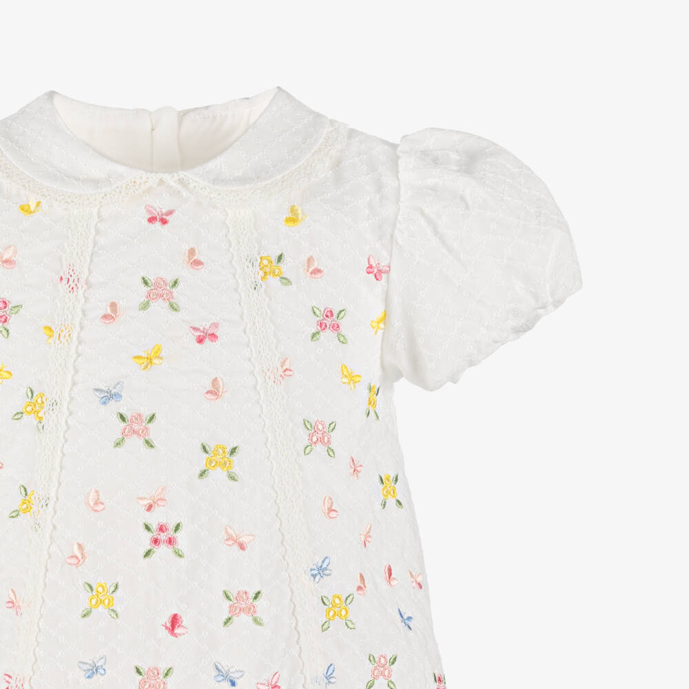 Lapin House-Girls Off-White Dress with Embroidered Flowers & Butterflies | Childrensalon Outlet
